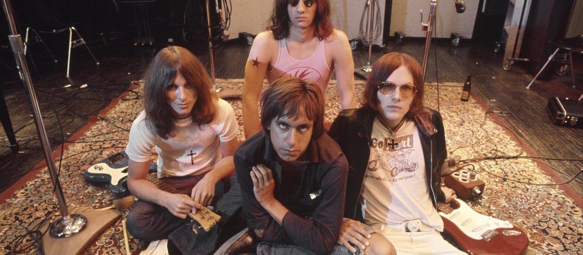 The Stooges (L-R Dave Alexander, Iggy Pop in front, Scott Asheton in back and Ron Asheton) in the studio in 1970, during the making of their second album, Fun House
